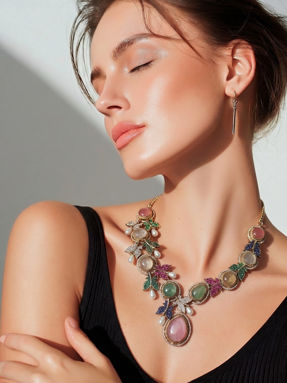 Lux Floral Multi-Gem Statement Necklace - Pink, Green, Blue & Gold